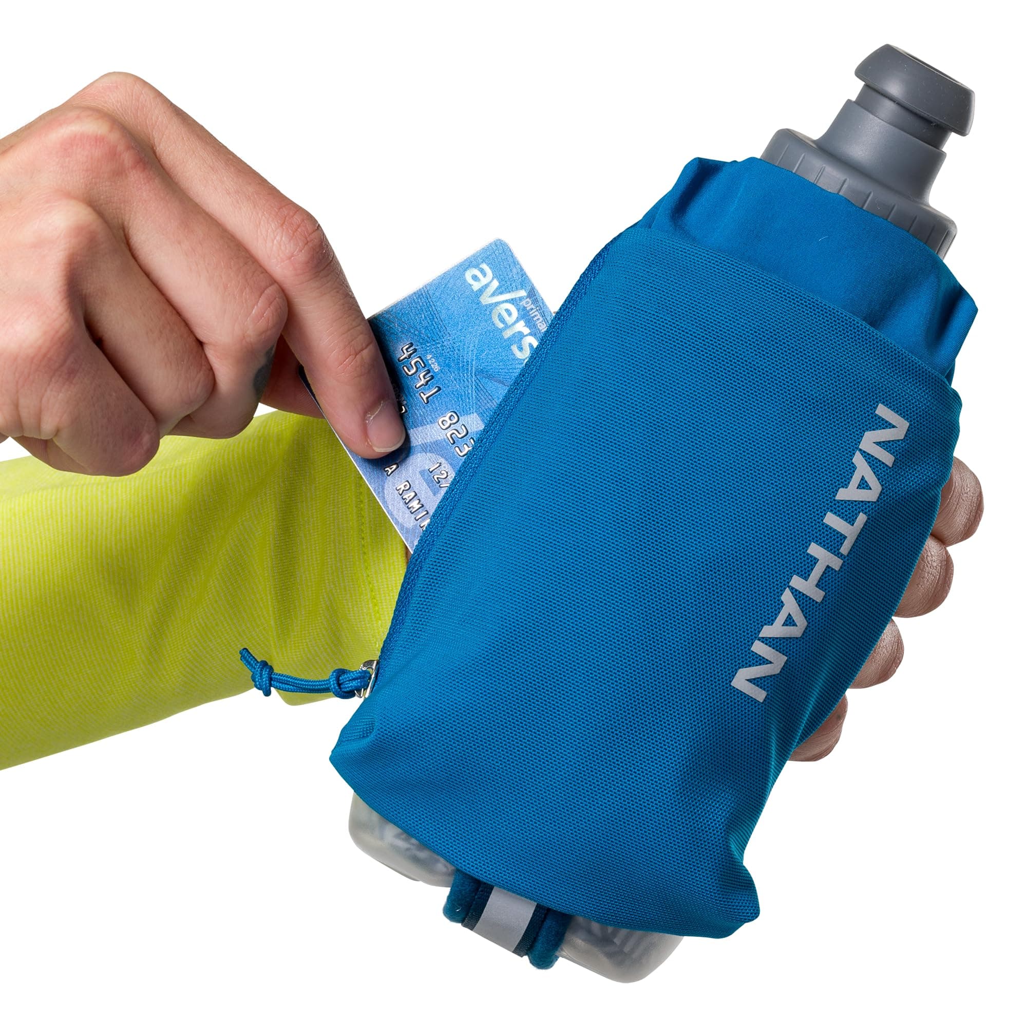Nathan SpeedDraw 2 Insulated Handheld Running Water Bottle Flask – Double-Wall Insulation, Ergonomic Grip, Blast Valve Cap, Phone & Key Storage Pockets, Reflective Design, 12oz Insulated - Deep Blue thumbnail 7