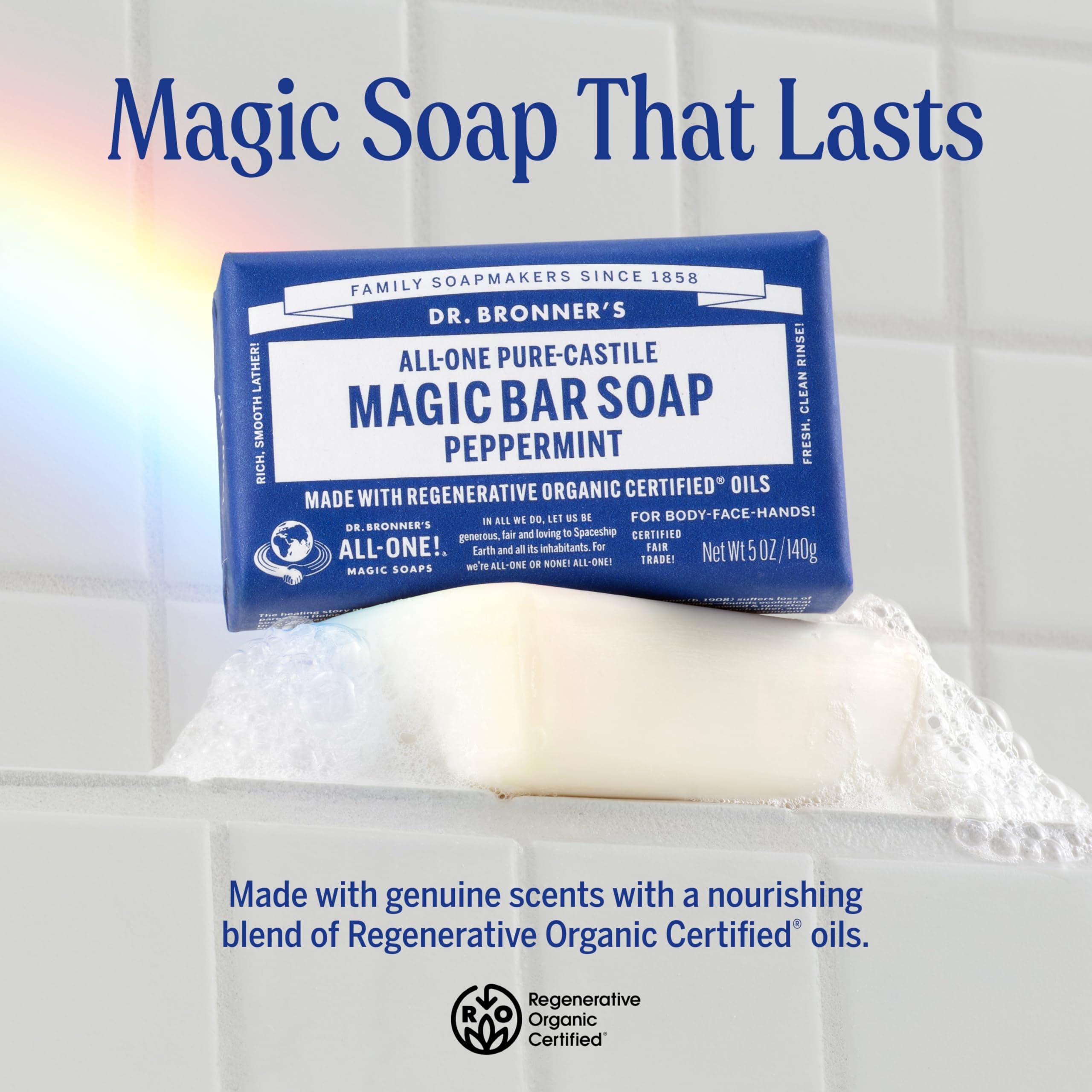 Dr. Bronner's Pure-Castile Magic Bar Soap (Peppermint, 5oz, 12-Pack) – Made with Regenerative Organic Certified Oils, Soap Bars for Men & Women, Vegan, Cruelty-Free, Non-GMO thumbnail 2