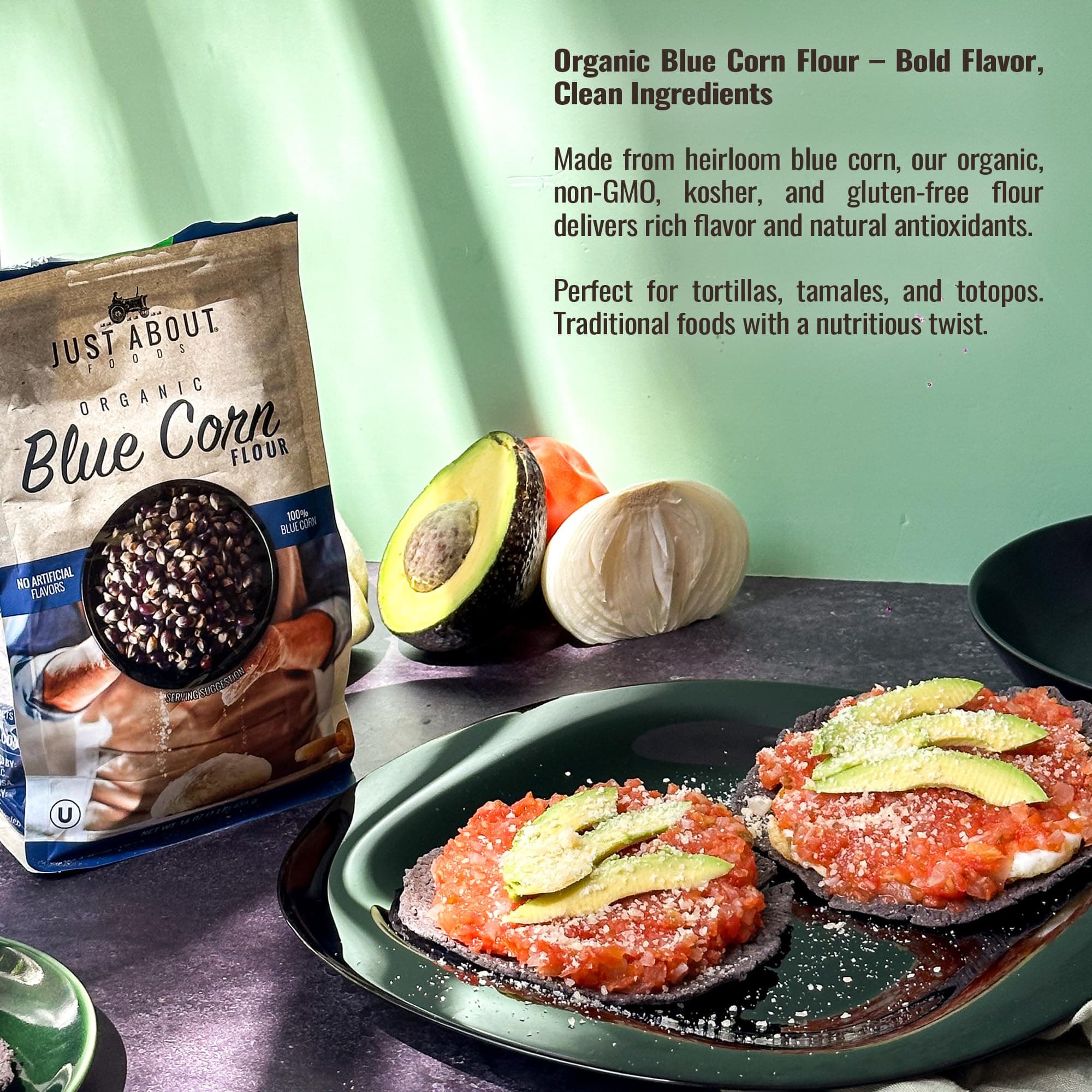 USDA Organic Blue Corn Flour 1lb, Flour for Tortillas, Sopes, and Mexican Dishes, Gluten-Free, Kosher and Vegan, Masa Flour for Baking, Just About Foods thumbnail 4