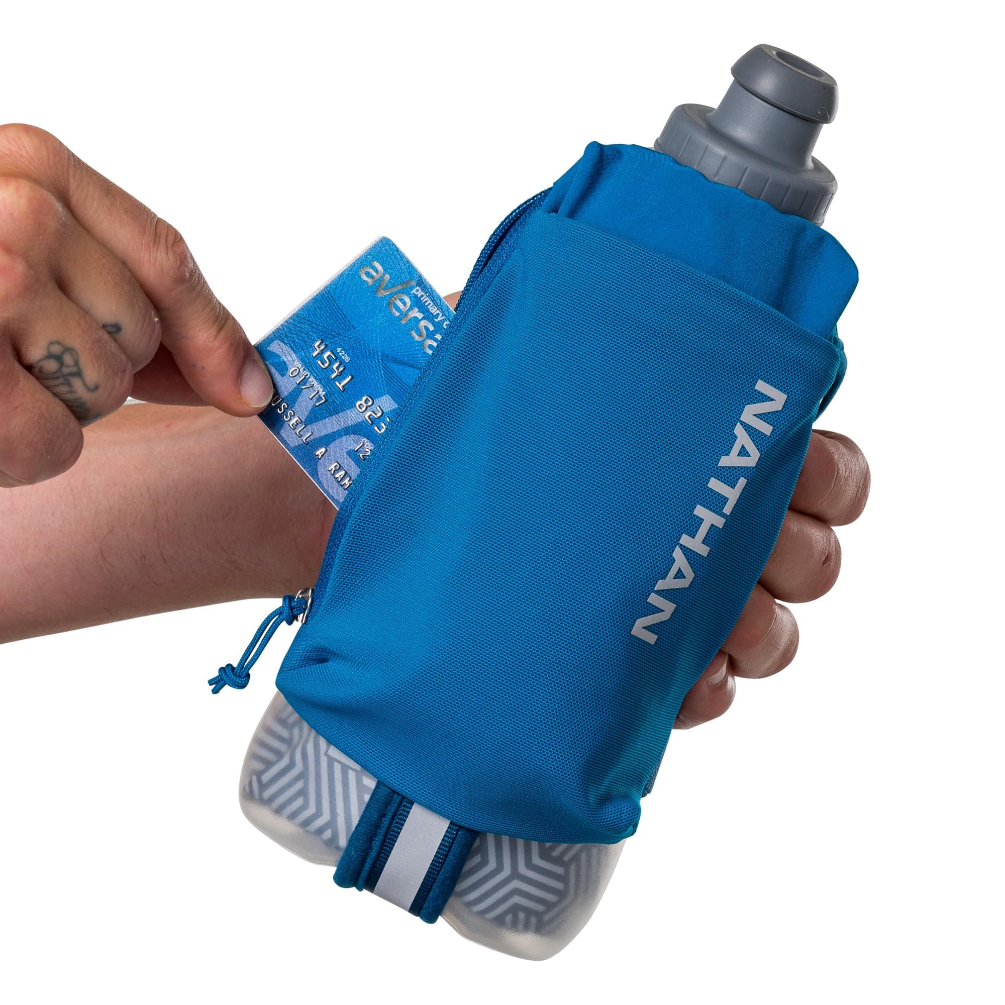 Nathan SpeedDraw 2 Insulated Handheld Running Water Bottle Flask – Double-Wall Insulation, Ergonomic Grip, Blast Valve Cap, Phone & Key Storage Pockets, Reflective Design - 18oz, Deep Blue thumbnail 9