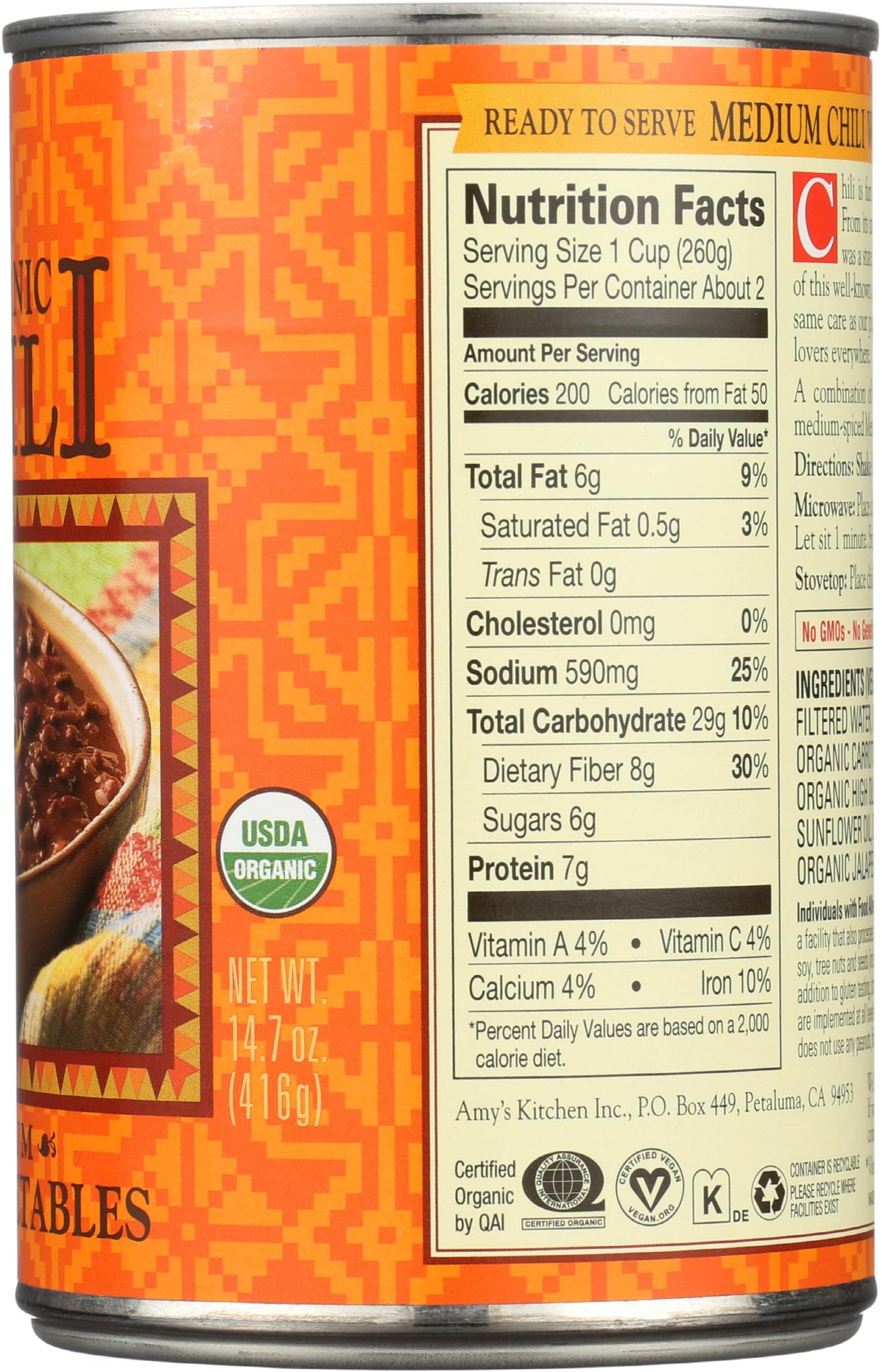 Amy's Organic Chili with Vegetables Medium -- 14.7 oz thumbnail 7