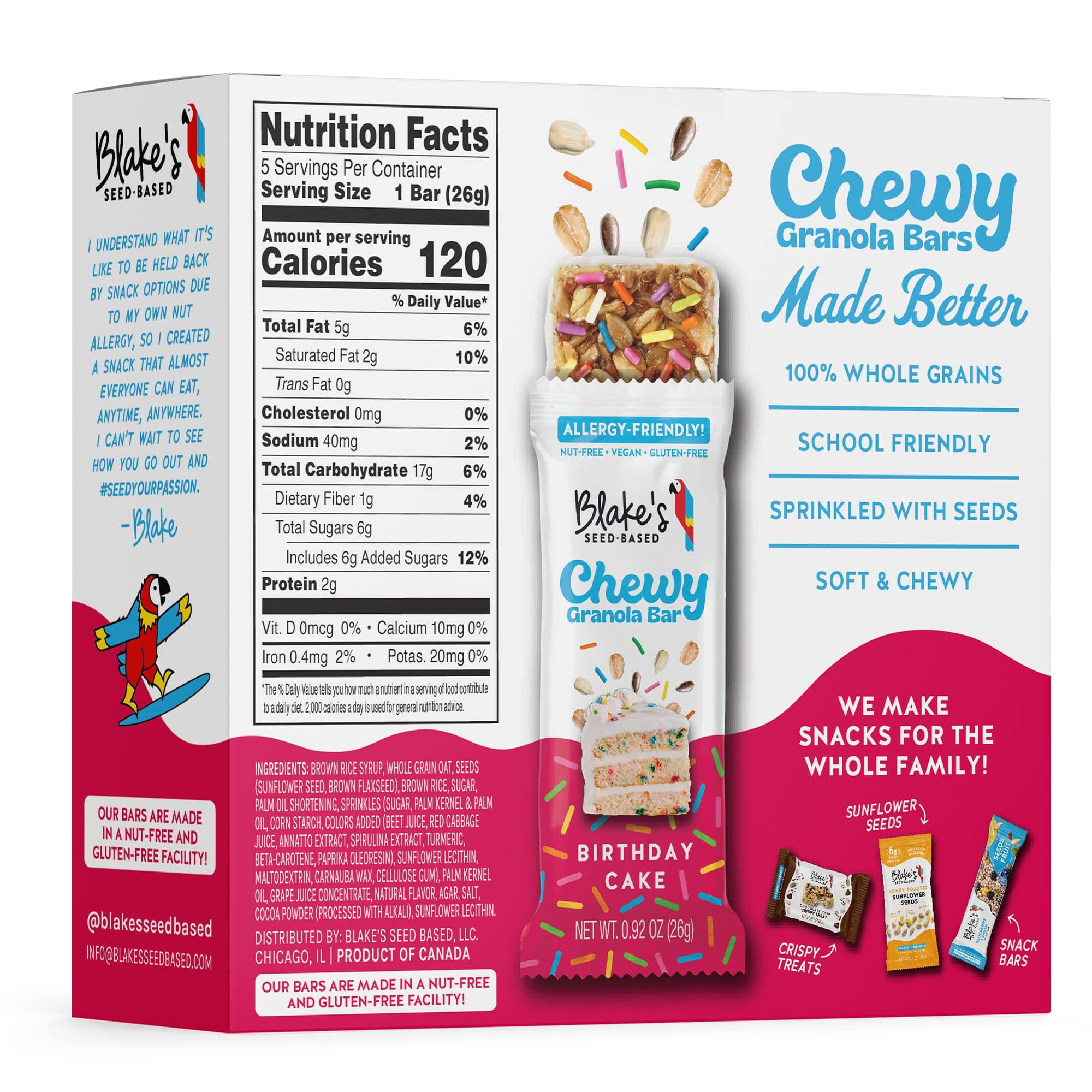 Blake’s Seed Based Chewy Granola Bars — Birthday Cake (5 Count), Vegan, Gluten Free, Nut Free & Dairy Free, Healthy Snacks for Kids or Adults, School Safe, Low Calorie Soy Free Snack thumbnail 8
