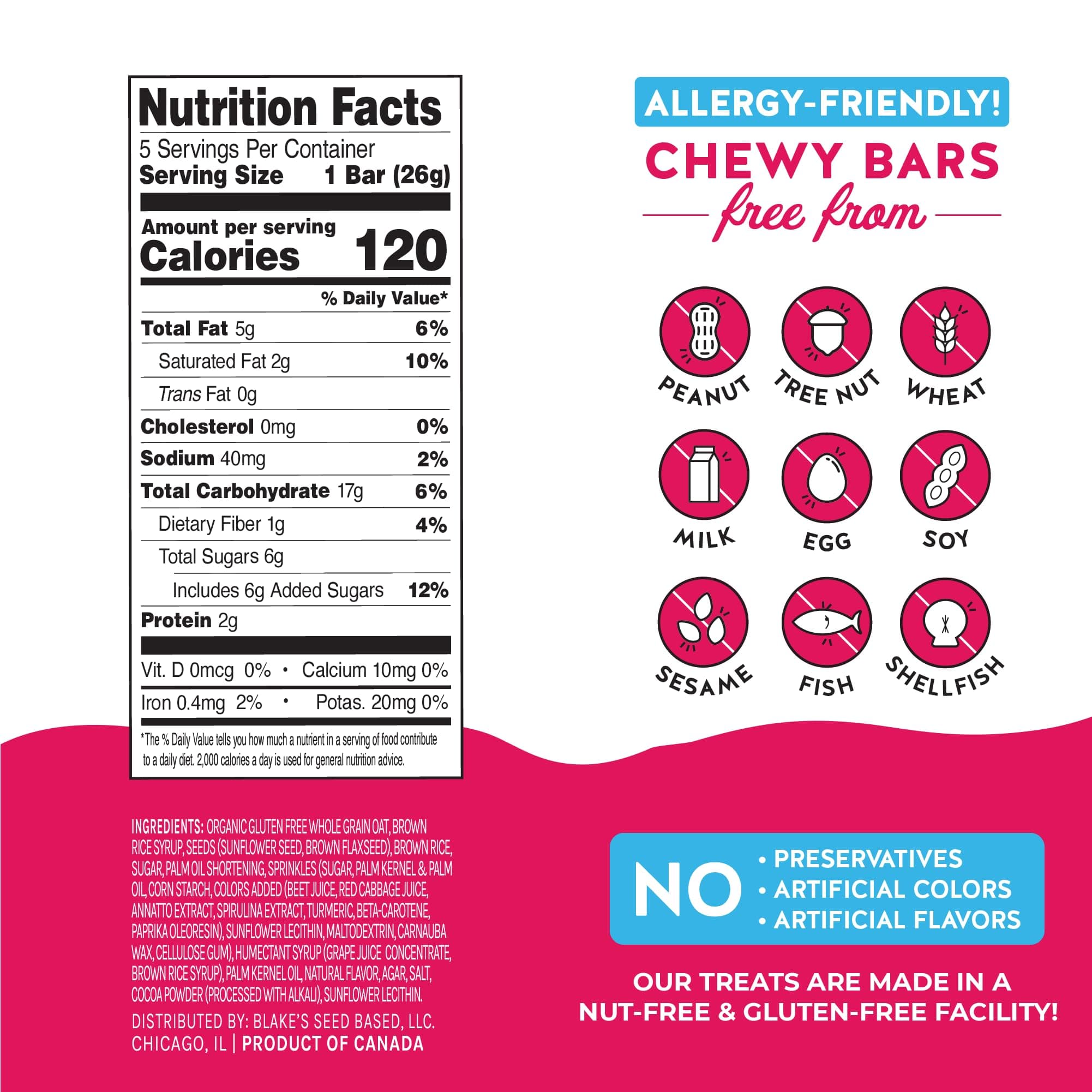 Blake’s Seed Based Chewy Granola Bars — Birthday Cake (5 Count), Vegan, Gluten Free, Nut Free & Dairy Free, Healthy Snacks for Kids or Adults, School Safe, Low Calorie Soy Free Snack thumbnail 4