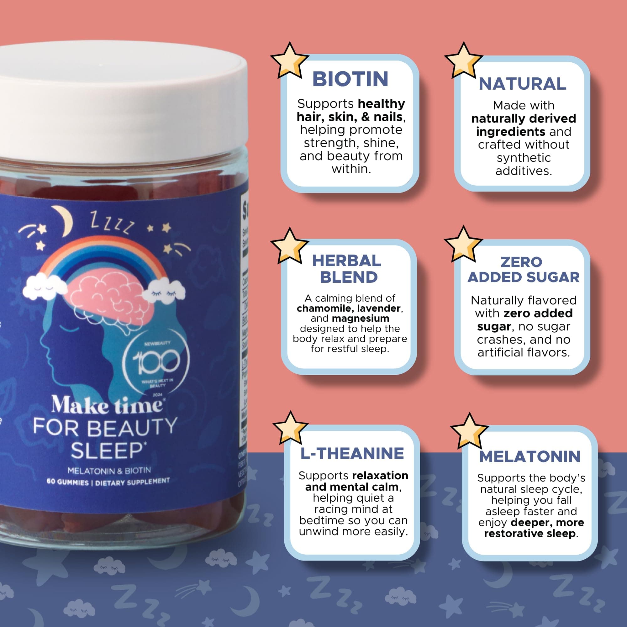 MAKE TIME Beauty Sleep Gummies – 5mg of Melatonin & Biotin Supplement for Restful Sleep, Relaxation & Healthy Hair, Skin & Nails – Sugar-Free Formula with L-Theanine and Magnesium (60 Gummies) thumbnail 2