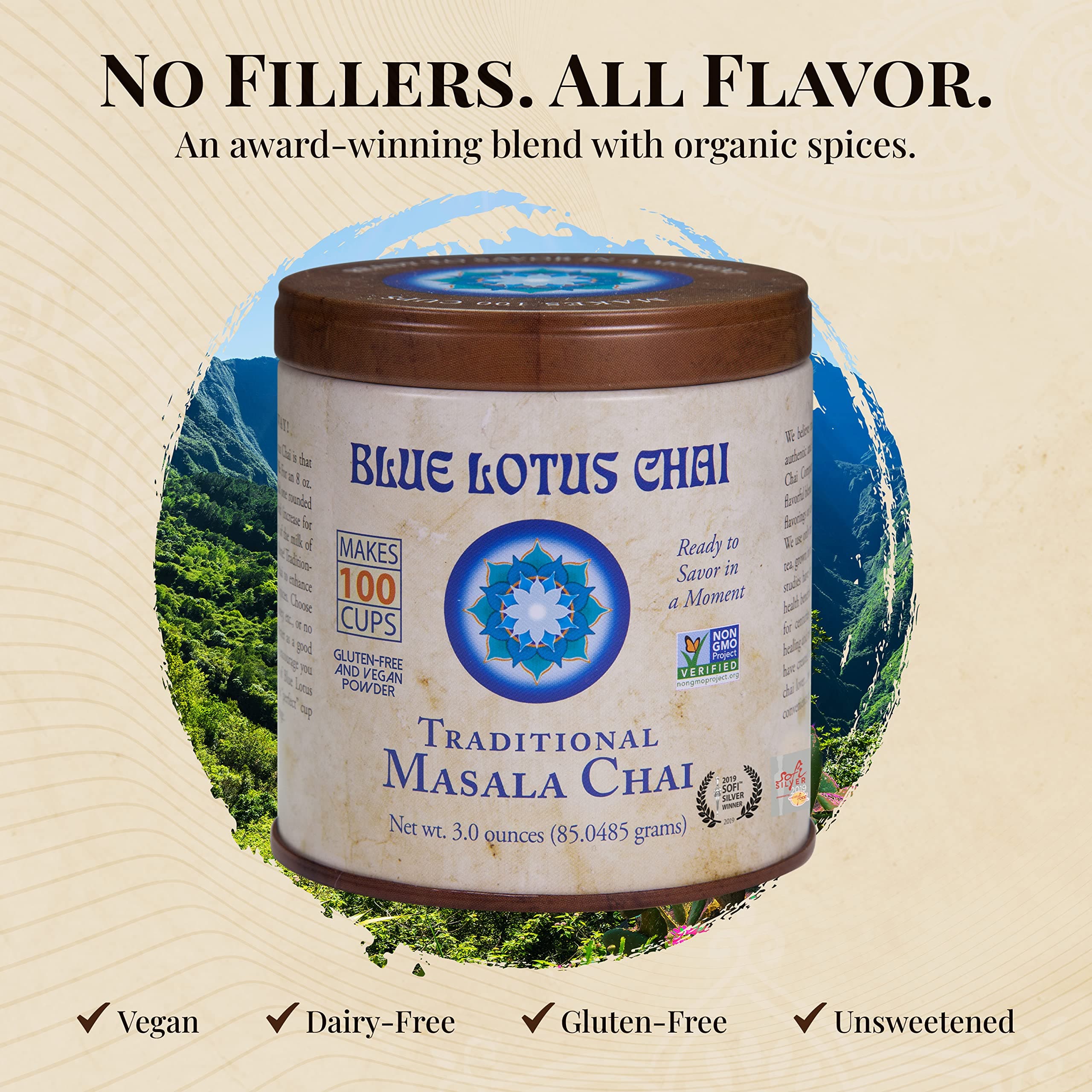 Blue Lotus Chai - Traditional Masala Chai - Makes 100 Cups - 3 Ounce Masala Spiced Chai Powder with Organic Spices - Instant Indian Tea No Steeping - No Gluten thumbnail 5