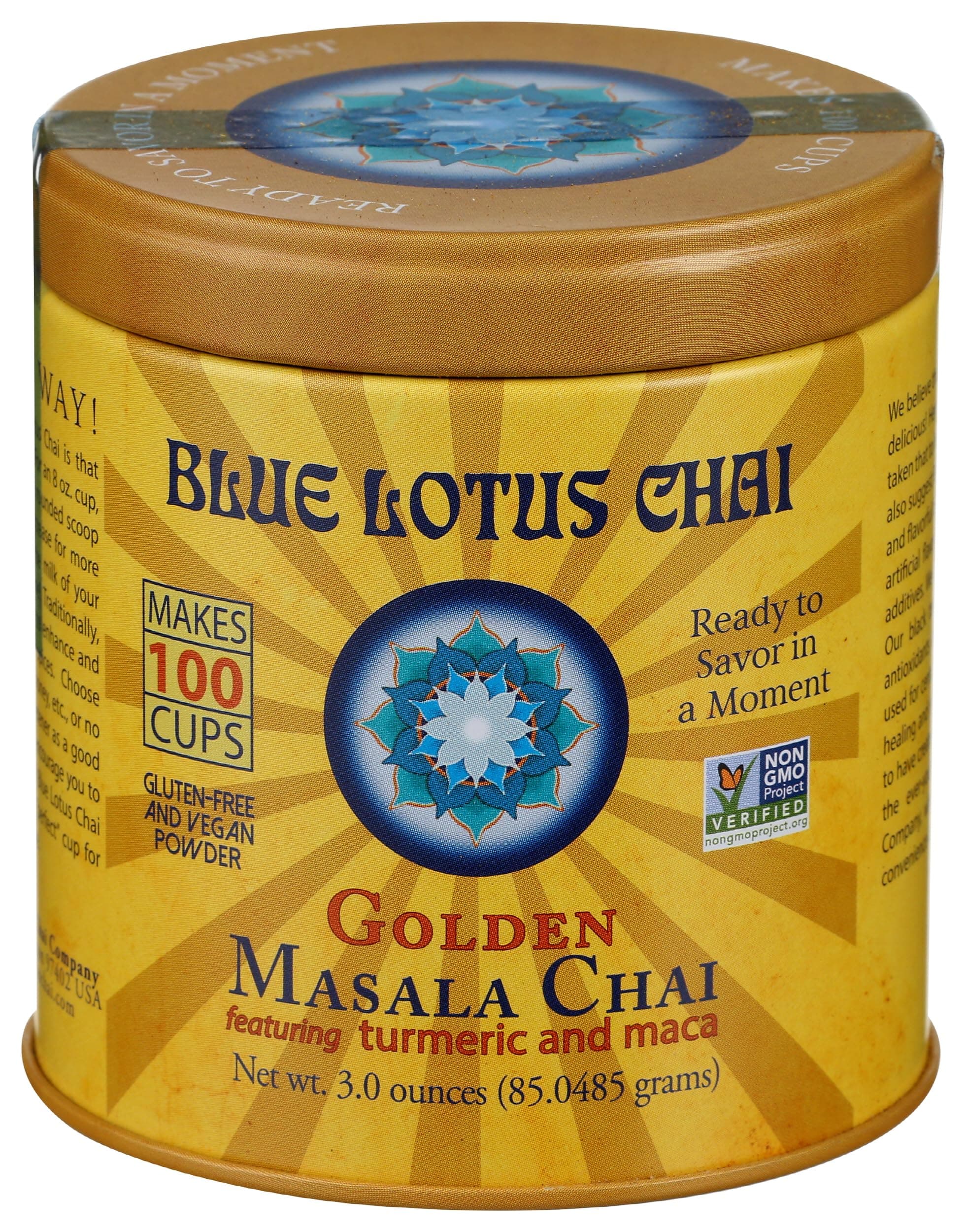 Blue Lotus Chai - Golden Masala Flavor Chai - Makes 100 Cups - 3 Ounce Masala Spiced Chai Powder with Organic Spices - Instant Indian Tea No Steeping - No Gluten thumbnail 4