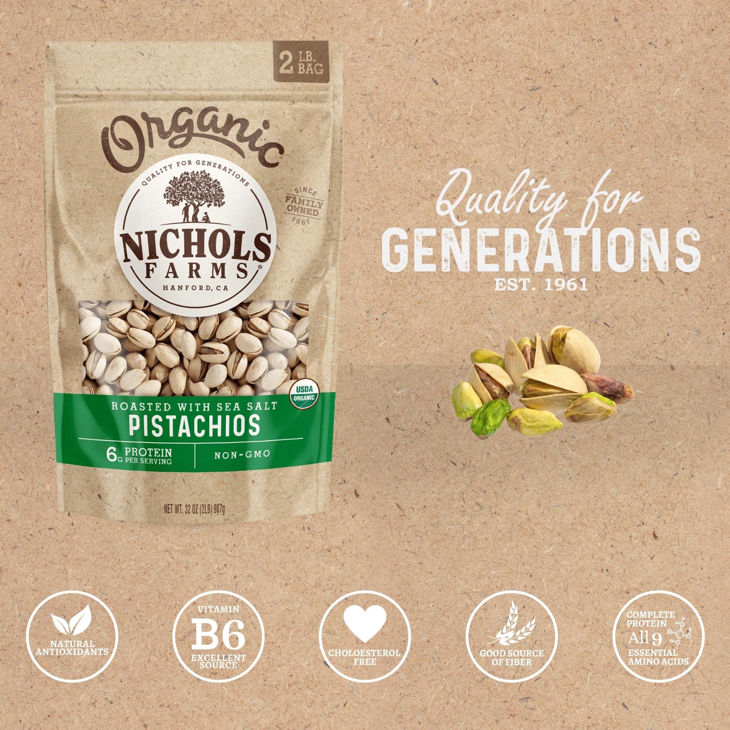 Nichols Farms California Pistachios Roasted Salted, Organic With Sea Salt, 32-Ounce Bag thumbnail 4