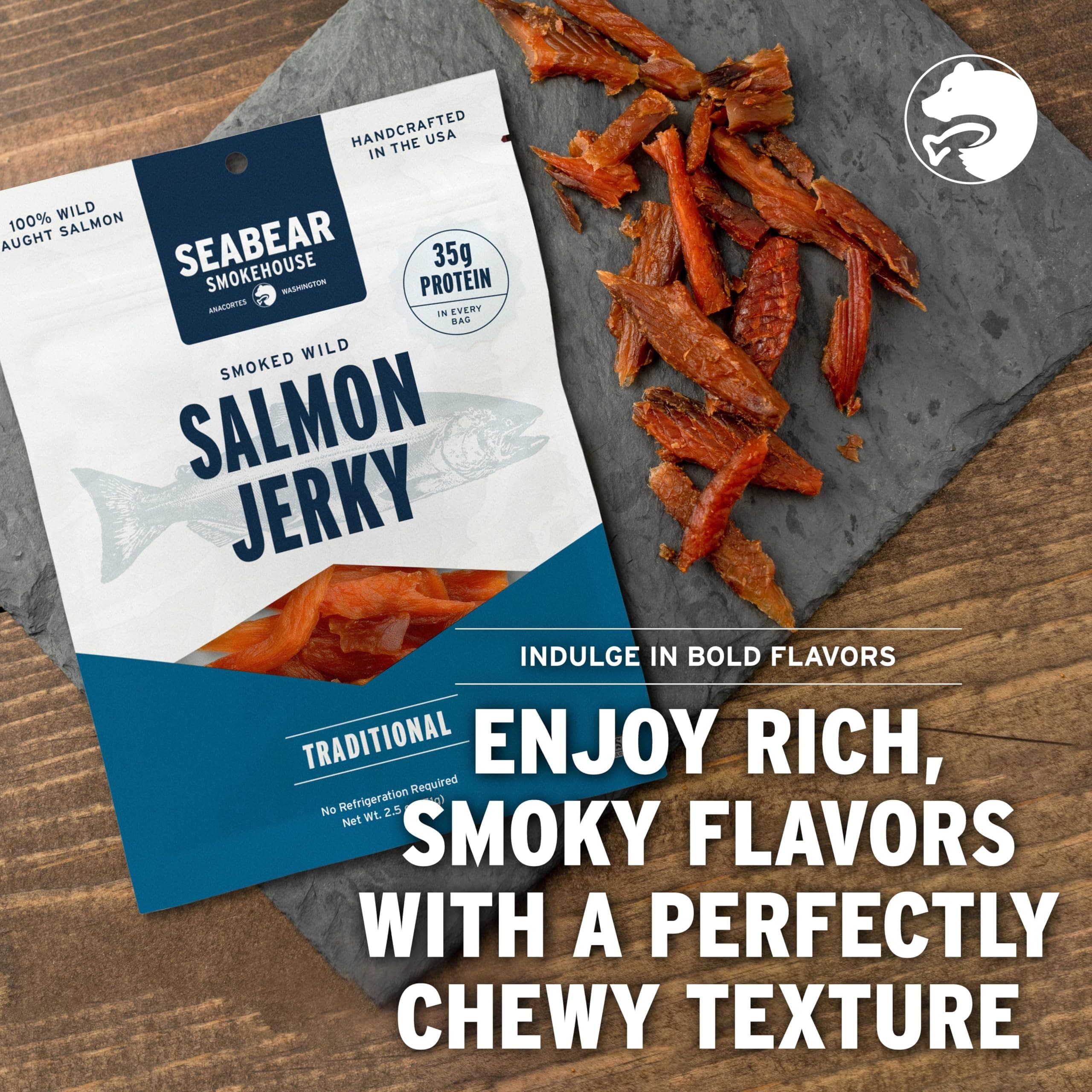 SeaBear Traditional Wild King Salmon Jerky 2-Pack Smoked Salmon Jerky, Wild-Caught Alaskan Salmon, High-Protein Snack, Cold Smoked & Ready to Eat, Classic Smokehouse Flavor, 2.5 oz Bag (Pack of 2) thumbnail 3