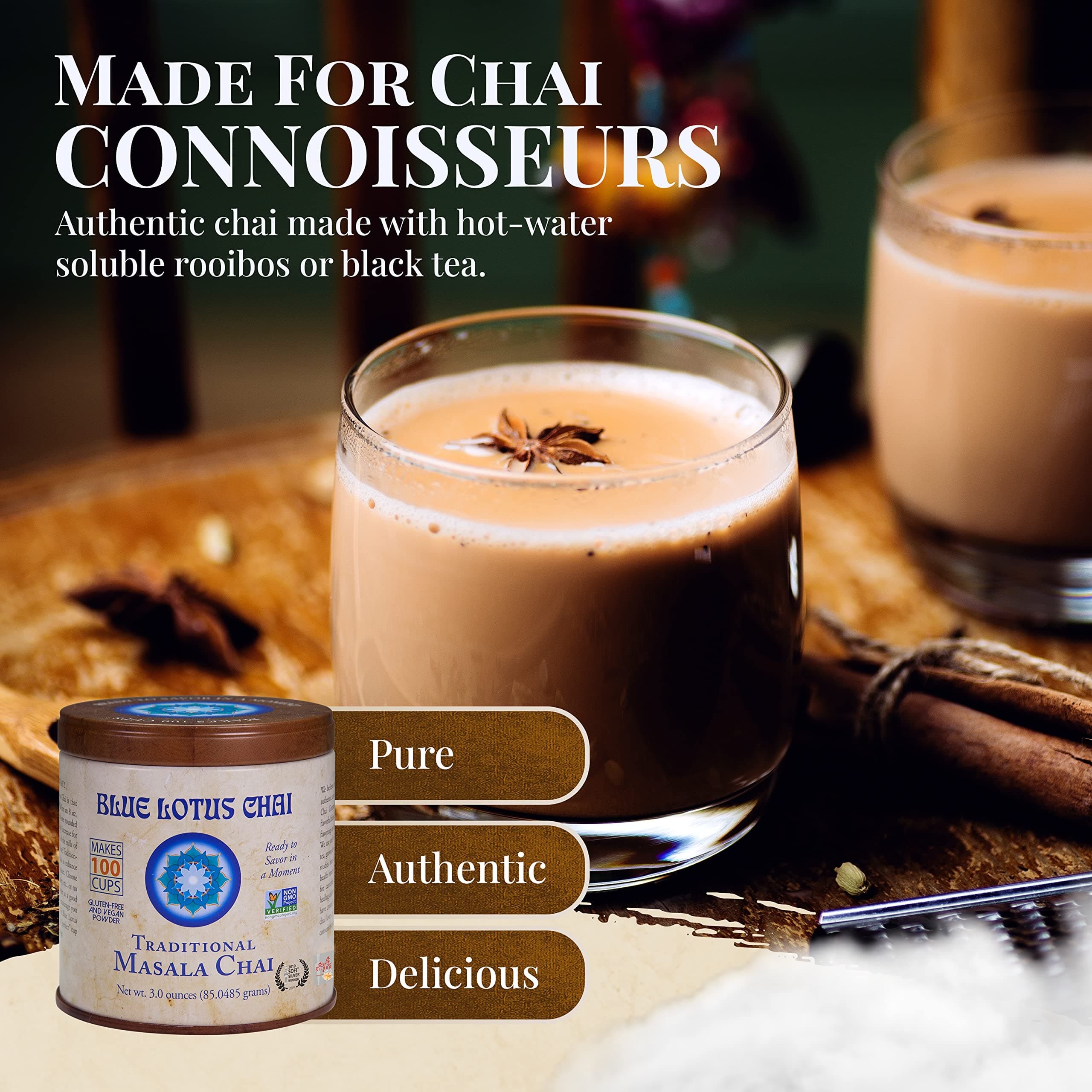 Blue Lotus Chai - Traditional Masala Chai - Makes 100 Cups - 3 Ounce Masala Spiced Chai Powder with Organic Spices - Instant Indian Tea No Steeping - No Gluten thumbnail 2