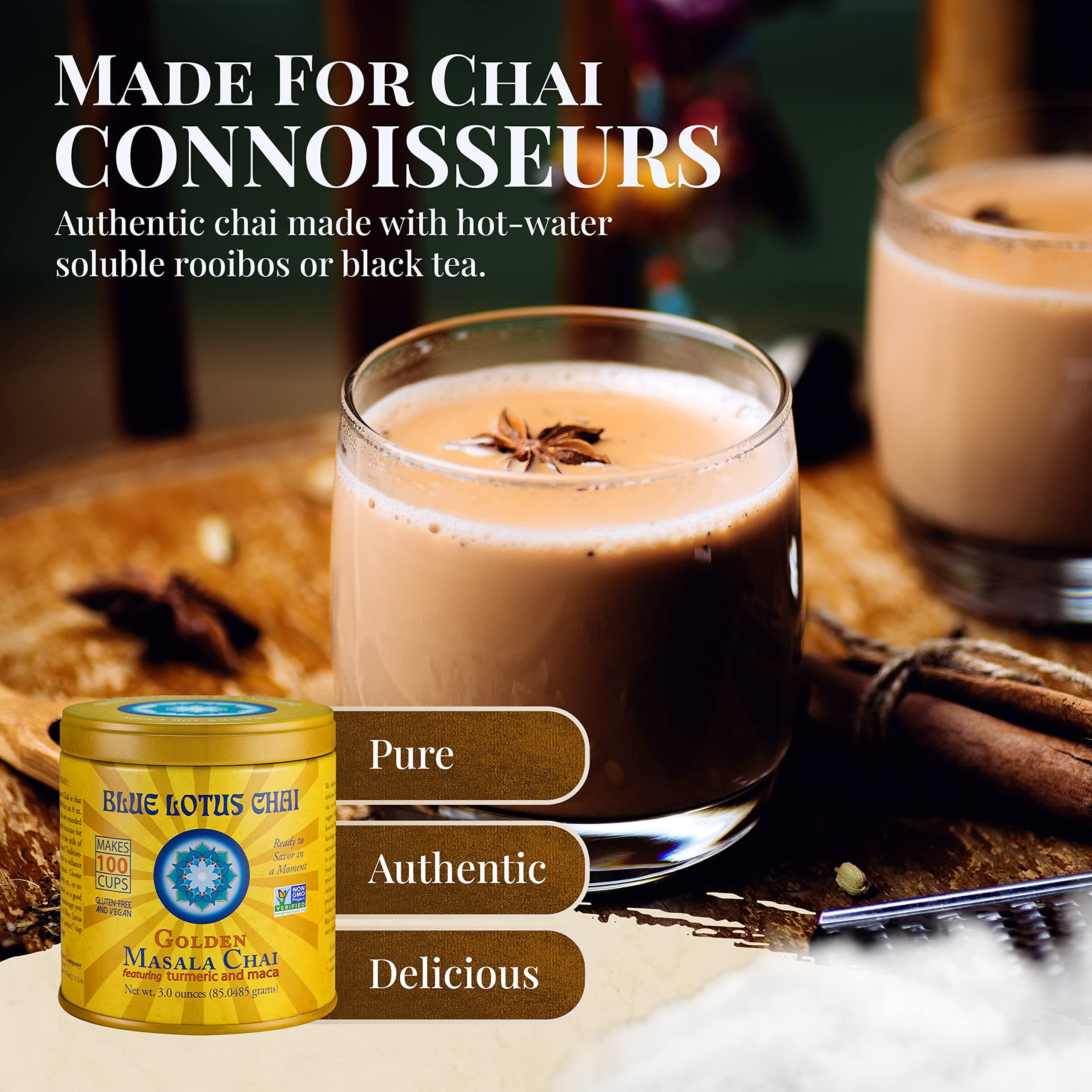 Blue Lotus Chai - Golden Masala Flavor Chai - Makes 100 Cups - 3 Ounce Masala Spiced Chai Powder with Organic Spices - Instant Indian Tea No Steeping - No Gluten thumbnail 2