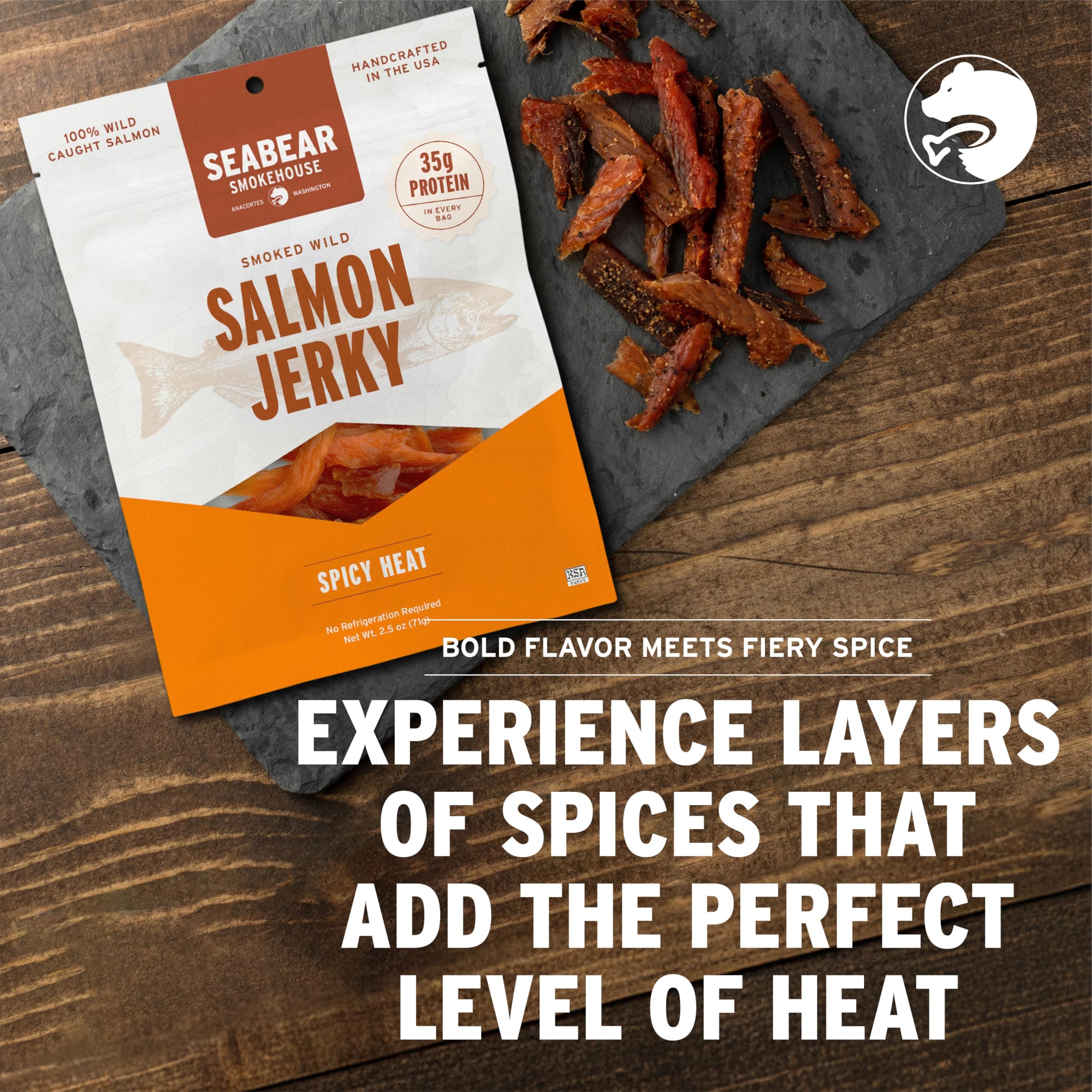 SeaBear Spicy Heat Wild King Salmon Jerky 2-Pack Smoked Salmon Jerky, Wild-Caught Alaskan Salmon, High-Protein Snack, Cold Smoked & Ready to Eat, Classic Smokehouse Flavor, 2.5 oz Bag (Pack of 2) thumbnail 3