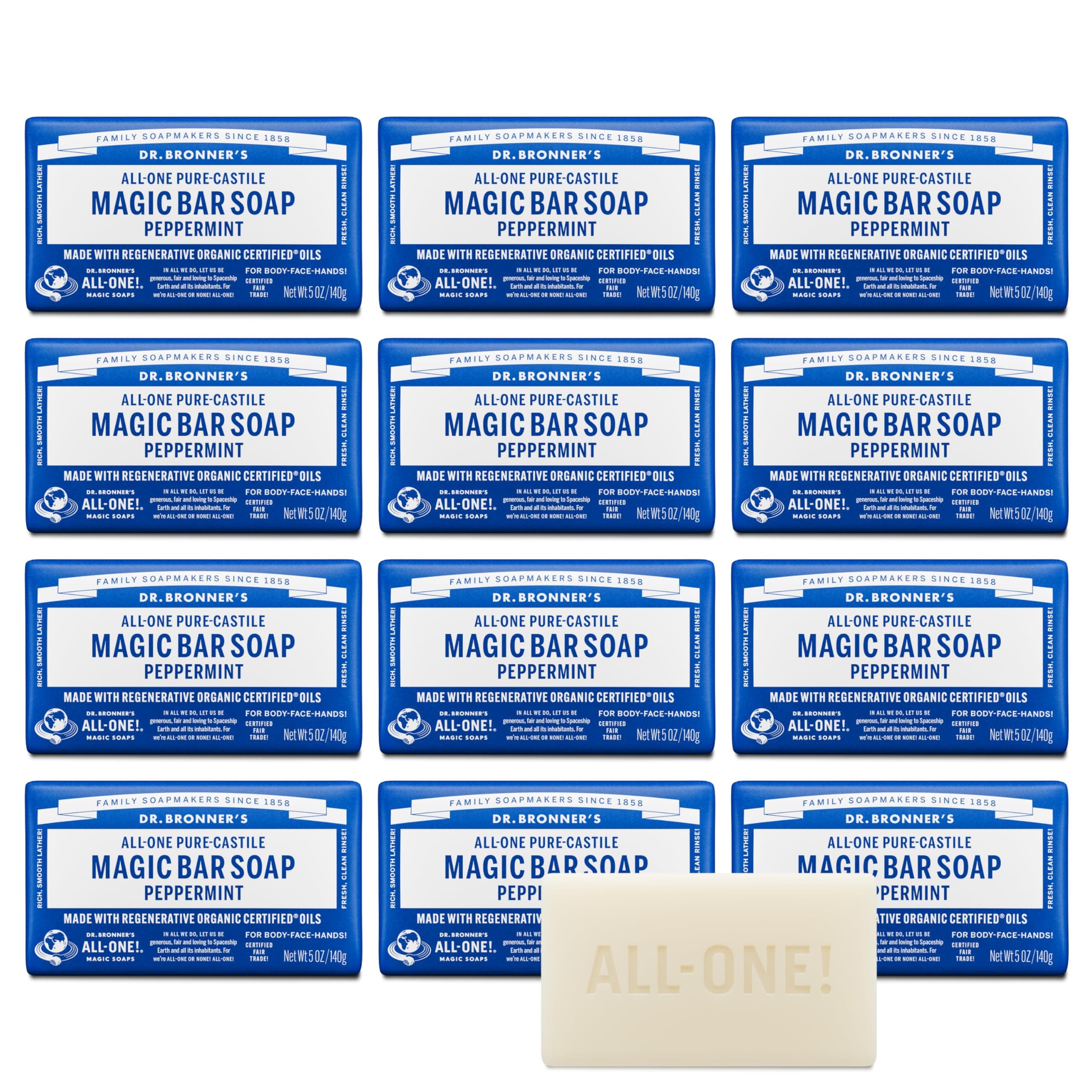 Dr. Bronner's Pure-Castile Magic Bar Soap (Peppermint, 5oz, 12-Pack) – Made with Regenerative Organic Certified Oils, Soap Bars for Men & Women, Vegan, Cruelty-Free, Non-GMO