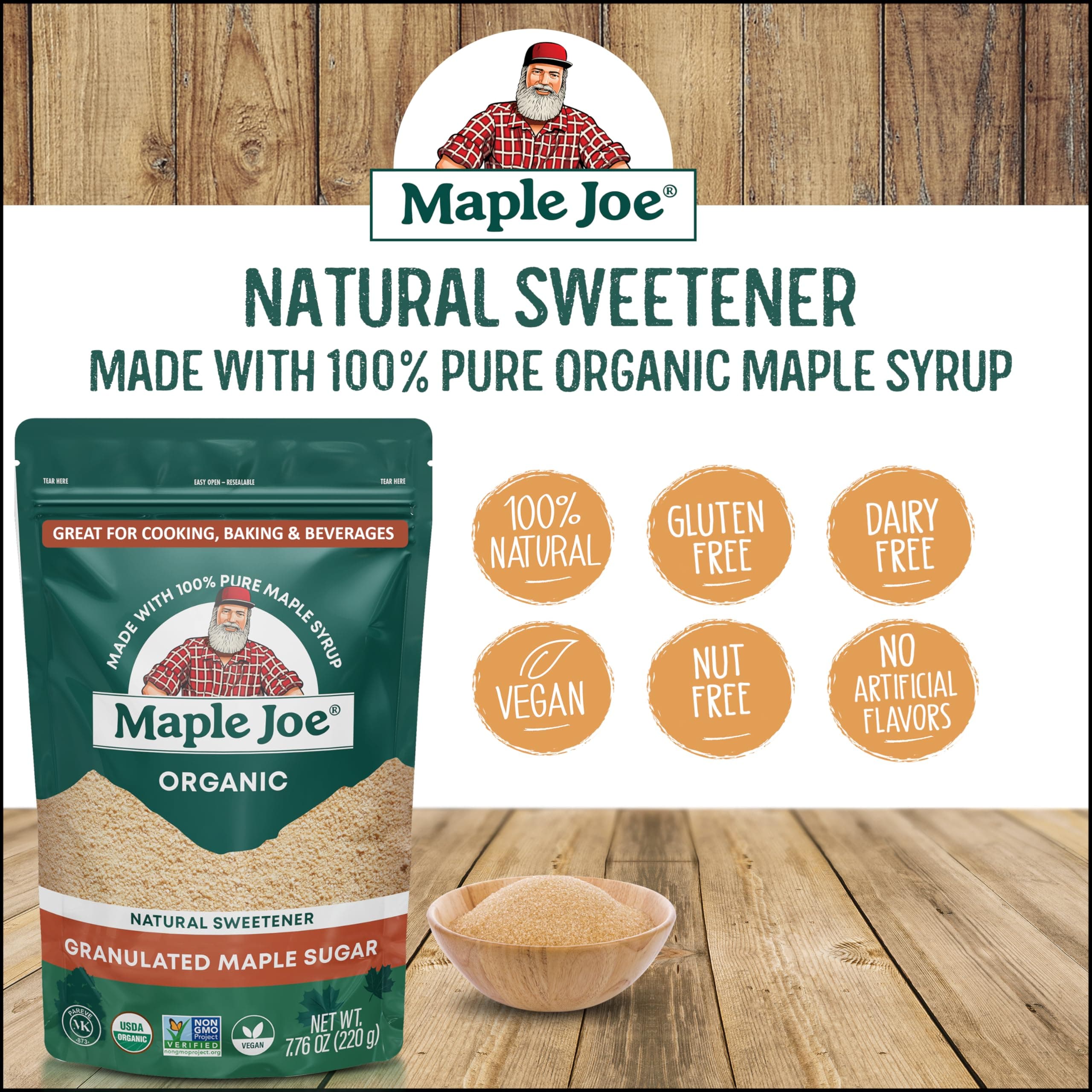 Maple Joe Organic Maple Sugar Granulated, Made With 100% Grade A Organic Maple Syrup. Powdered Maple Sugar For Cooking & Baking. Fat-Free, Gluten Free & Vegan. 7.8 oz thumbnail 3